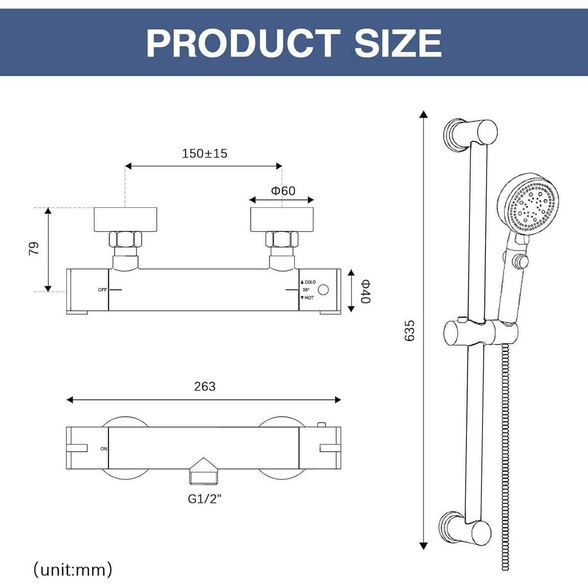 DUSCHARMATUR Set mit Thermostat und Handbrause 635mm Duschstange Chrom - Silberfarben, Metall (30/10.5/61.5cm)