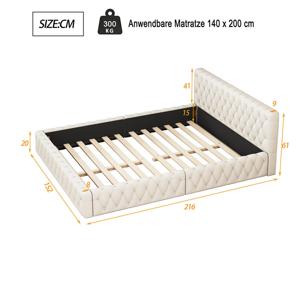 POLSTERBETT 140/200 cm in Beige Samt - Beige, Holz/Textil (140/200cm) - KOMHTOM
