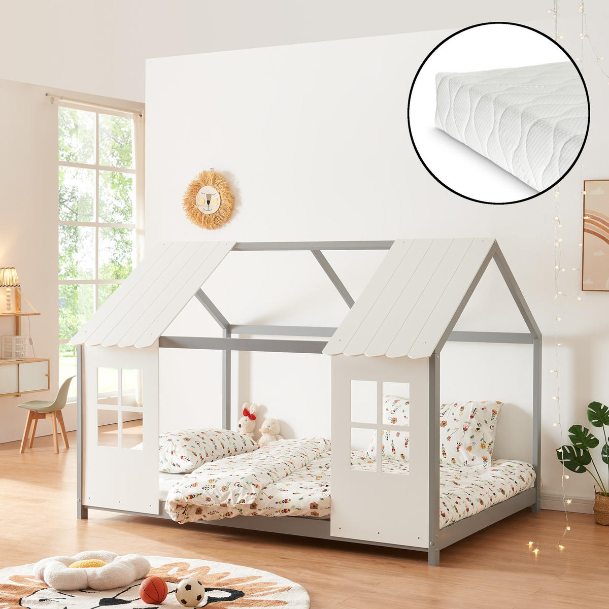 HAUSBETT Tostedt mit Matratze - Weiß/Grau, Holz/Textil (140/200cm) - [en.casa]