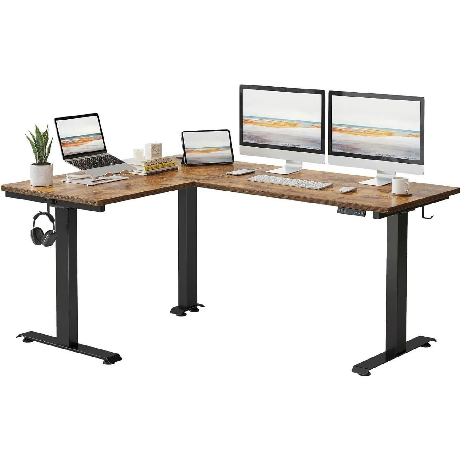 STEHSCHREIBTISCH L-Form elektrisch höhenverstellbar 160 x 120 cm Schwarz/Braun - Multicolor, Holzwerkstoff (120/160/70cm)