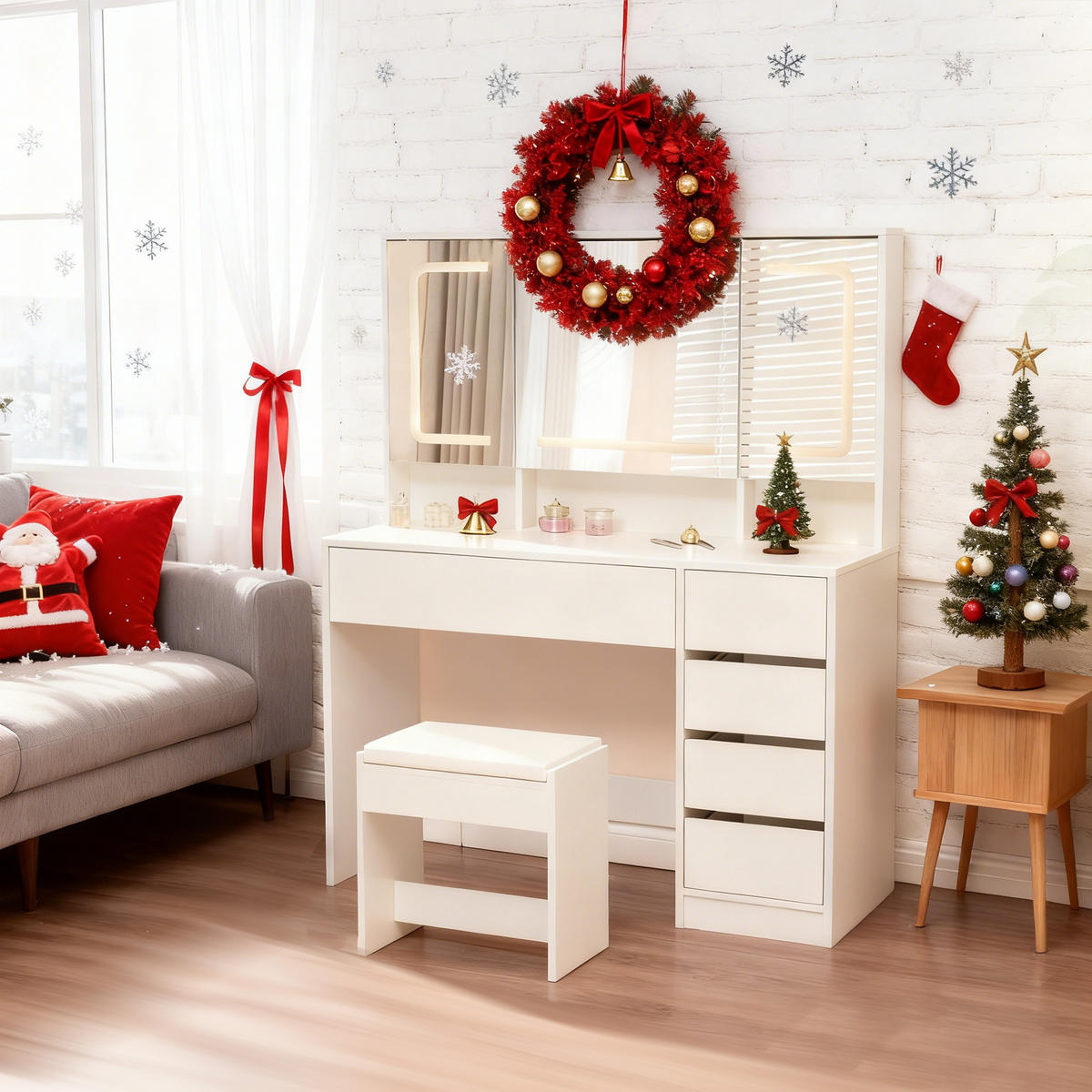 SCHMINKTISCH 80/40/140 cm Weiß mit LED-Beleuchtung und Hocker aus MDF - Weiß, Holzwerkstoff (40/140/110cm) - OKWISH