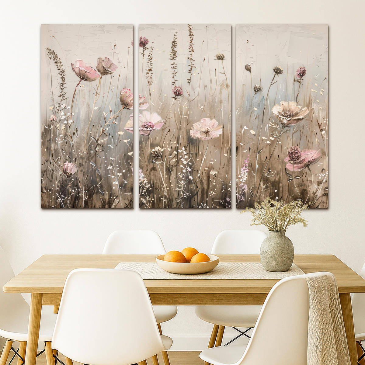 LEINWANDBILD 3er Set Blumen - Beige - Modern - Rosa 120x80 cm - Ecru, Textil (120/80cm) - MuchoWow