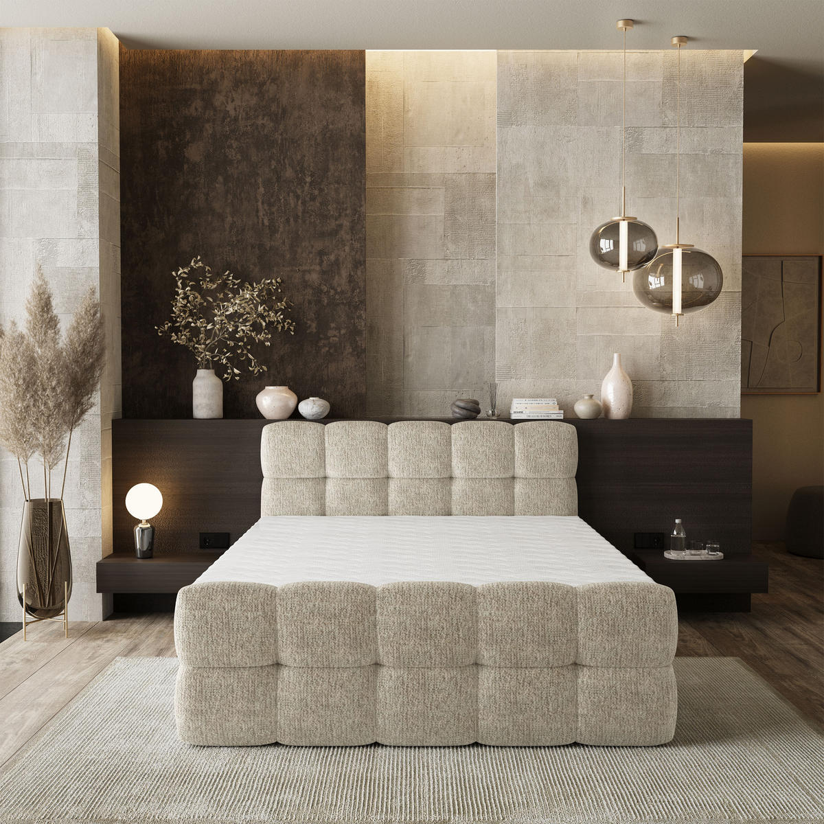 BOXBETT BRUME 180x200 cm mit Matratze und Topper, H2+H3 - Creme - Creme, Holz (180/200cm) - MASSENO