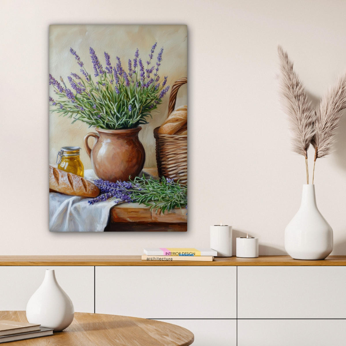 LEINWANDBILD Lavendel - Brot - Stilleben 60x90 cm - Flieder, Textil (60/90cm) - MuchoWow