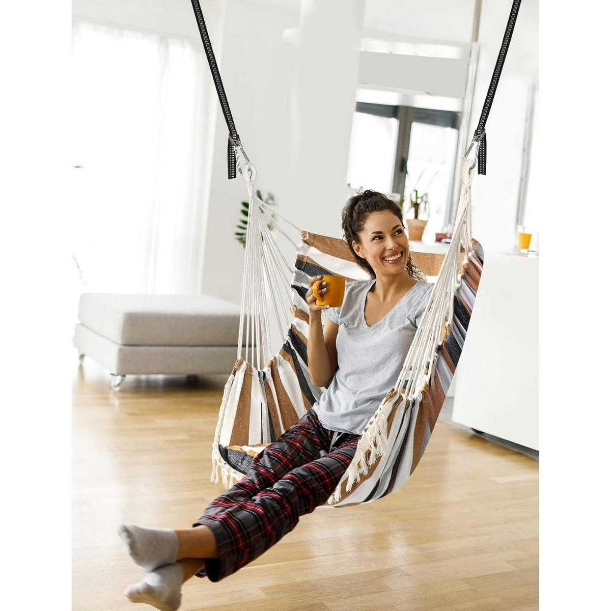 HÄNGESESSEL Braun Gestreift mit 2 Sitzkissen - Multicolor, Textil (100.1/1.5/130cm)