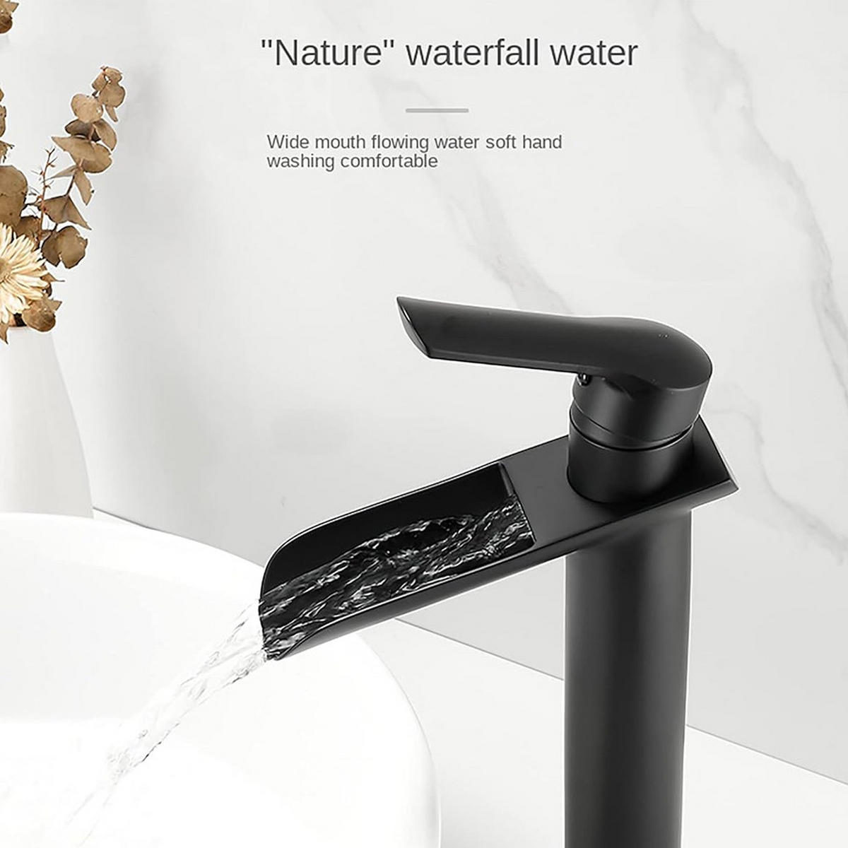 WASCHBECKENARMATUR mit Wasserfallauslauf, hohe Einhebelmischer, Messing schwarz matt - Schwarz, Metall (5/30/14cm) - TVTIUO