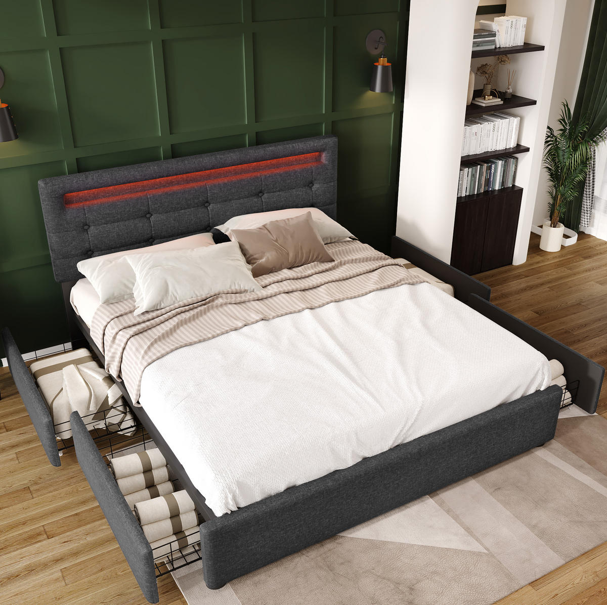 ČALÚNENÁ posteľ z ľanu 140x200 cm sivá s LED osvetlením, 4 zásuvkami a matracom - sivá, textil (140/200cm) - Modfu