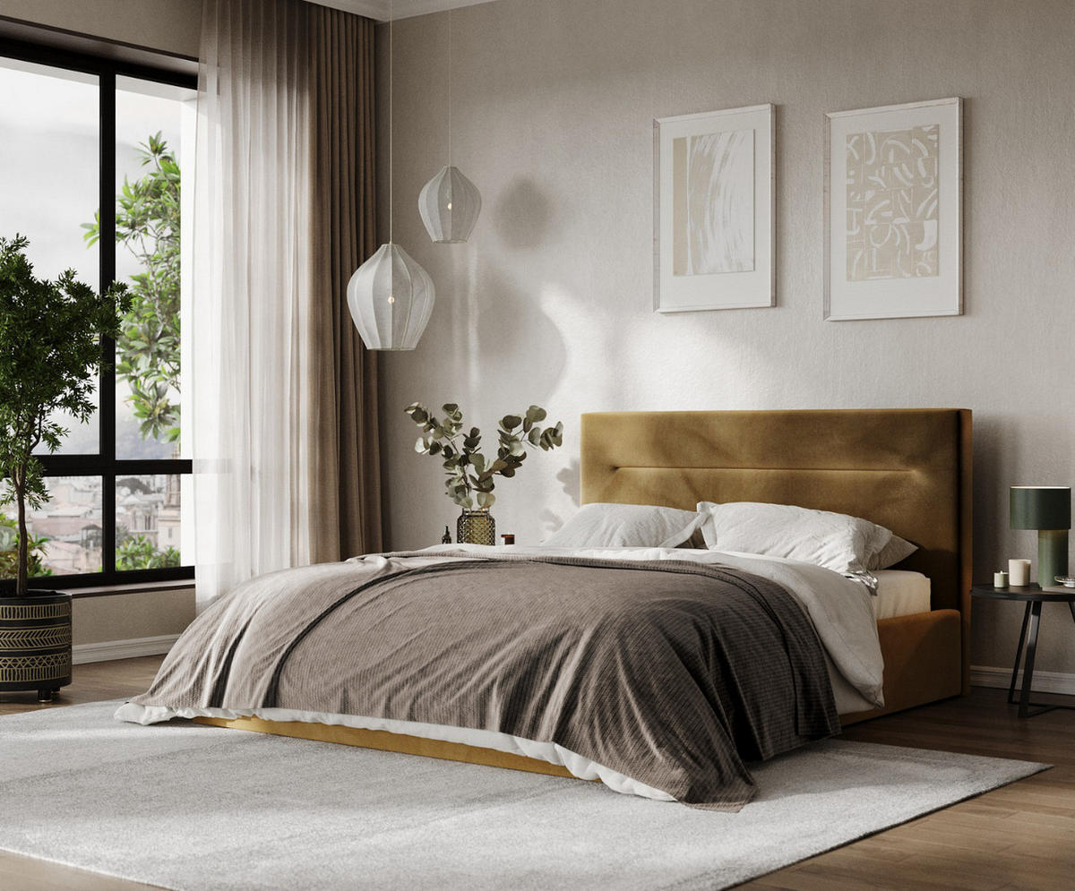 POLSTERBETT Liline 160/200 cm Honiggelb im Kronos Stoff - Schwarz/Naturfarben, Holz/Holzwerkstoff (160/200cm) - AltaBeds