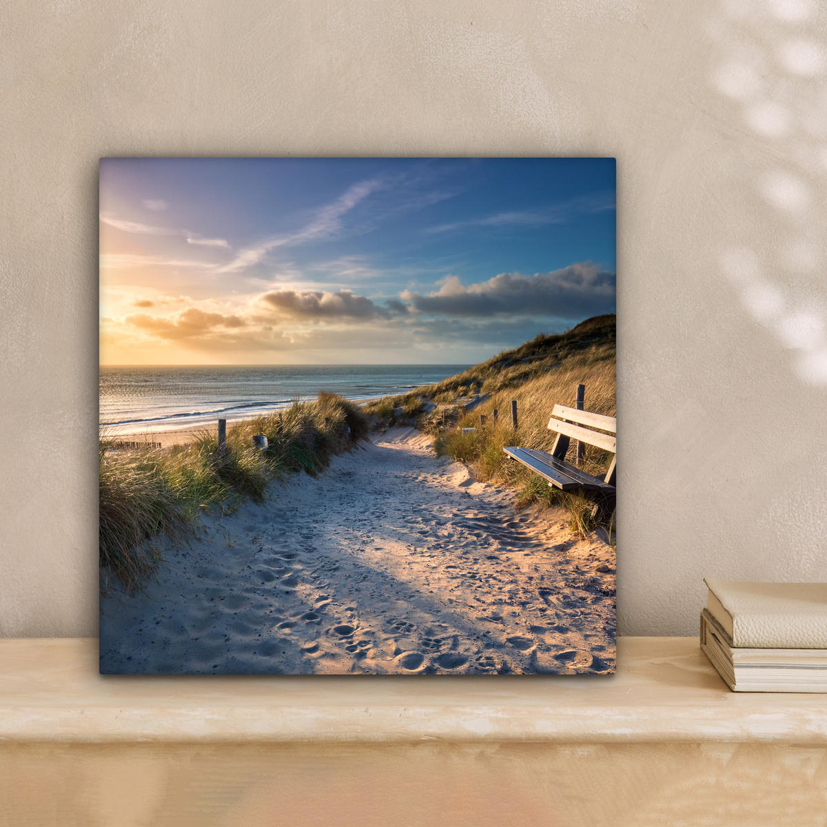LEINWANDBILD - Sonnenuntergang - Strand - Düne - Gras - Ufer - 20x20 - Wandbilder - Sandfarben, Textil (20/20cm) - MuchoWow