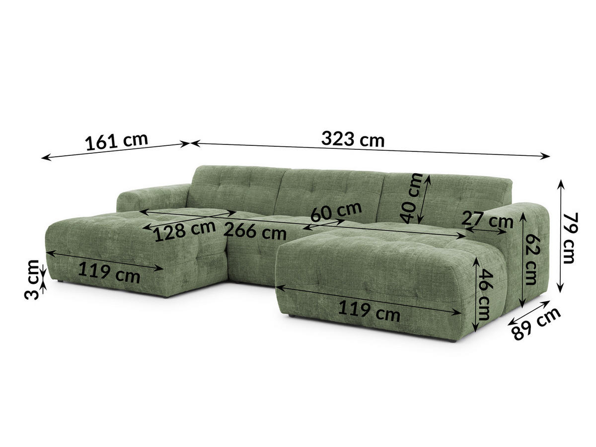 WOHNLANDSCHAFT Kozy im Bumpy-Design mit fester Rückenlehne aus weichem Grün Chenille-Stoff - Schwarz/Grün, Holz/Kunststoff (323/79/161cm) - S-Style Möbel