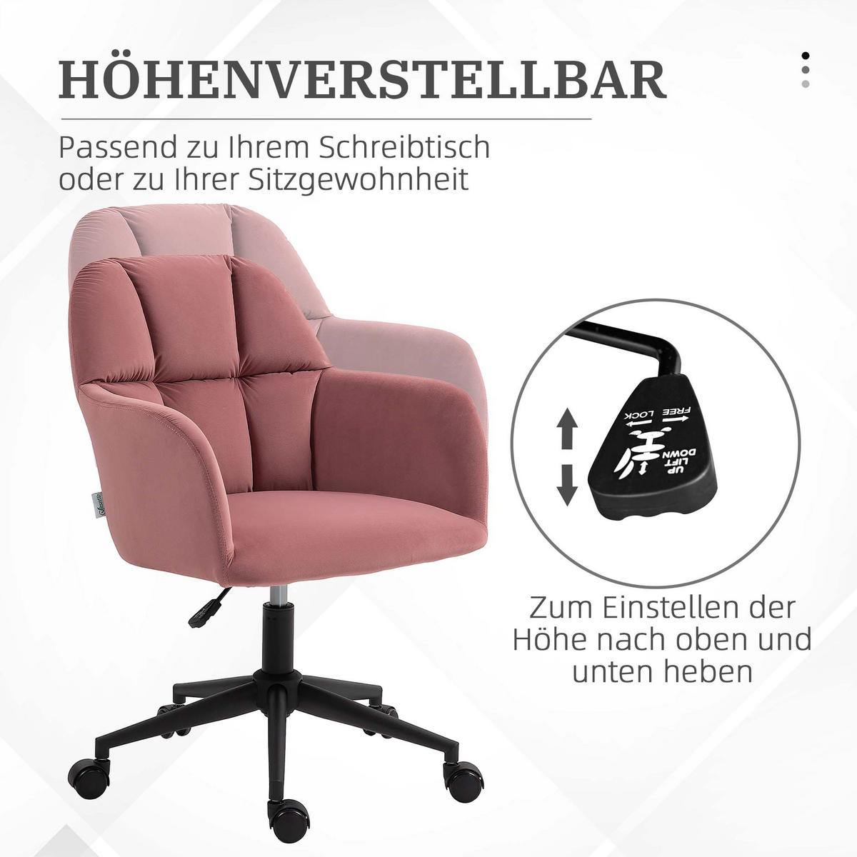 BÜROSTUHL, Höhenverstellbarer Schreibtischstuhl mit Samtoptik, Rückenlehne - Rosa, Kunststoff (58.5/86/58cm) - Vinsetto