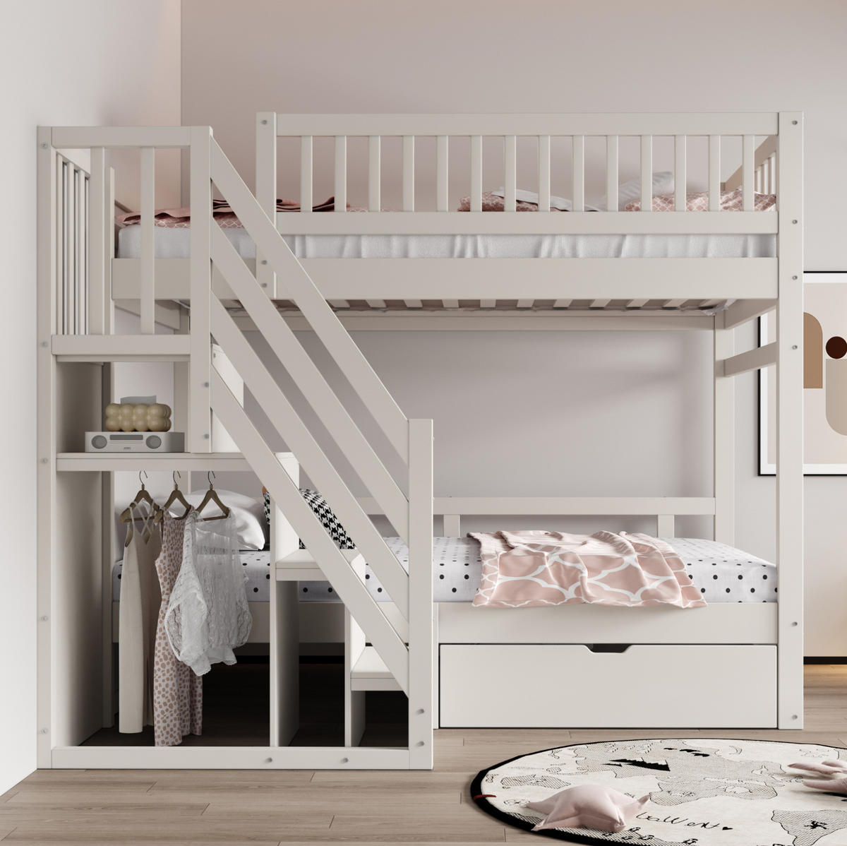 ETAGENBETT 90/200 cm aus Massivholz mit Stauraum und Sicherheitsleiter - Weiß, Holzwerkstoff (90/200cm) - BEAOK