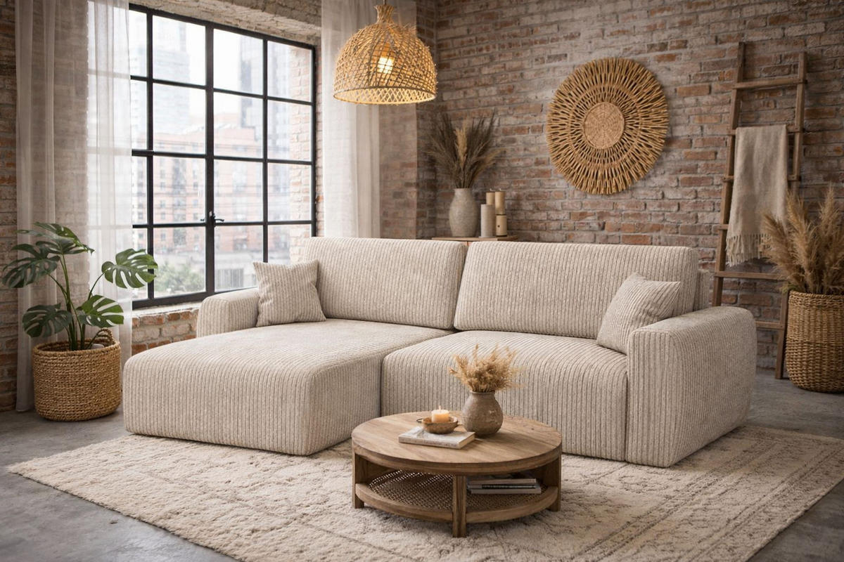 ECKSOFA Mit Schlaffunktion, Ariel XL, Cordstoff, Stoff Poso, Dunkelbeige, Links - Beige, Holz (280/142cm) - Kaiser Möbel