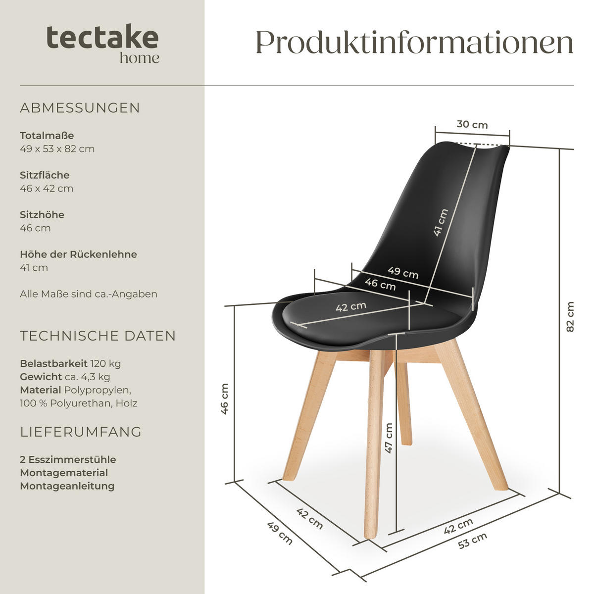 ESSZIMMERSTUHL 6er Set Frederikke,49 x 56 x 82,5 cm,schwarz - Schwarz, Textil (49/82/53cm) - tectake
