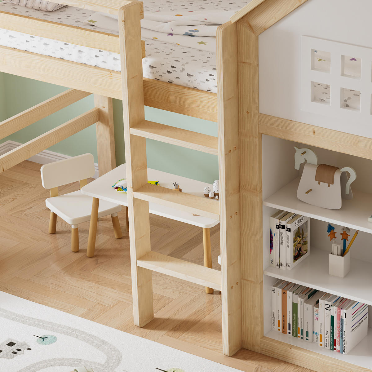HOCHBETT 90/200 cm in Weiß & Natur Kinderbett mit 3 Schubladen und Staufächern im Haus-Design - Weiß/Naturfarben, Holzwerkstoff (90/200cm) - STILVORA