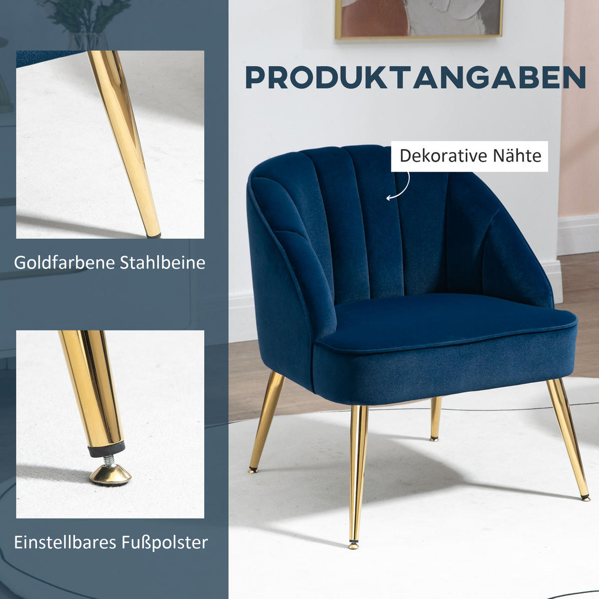 OHRENSESSEL Loungesessel Polstersessel mit Samtoptik Relaxsessel für Wohnzimmer - Blau, Kunststoff (64/77/65cm) - HOMCOM