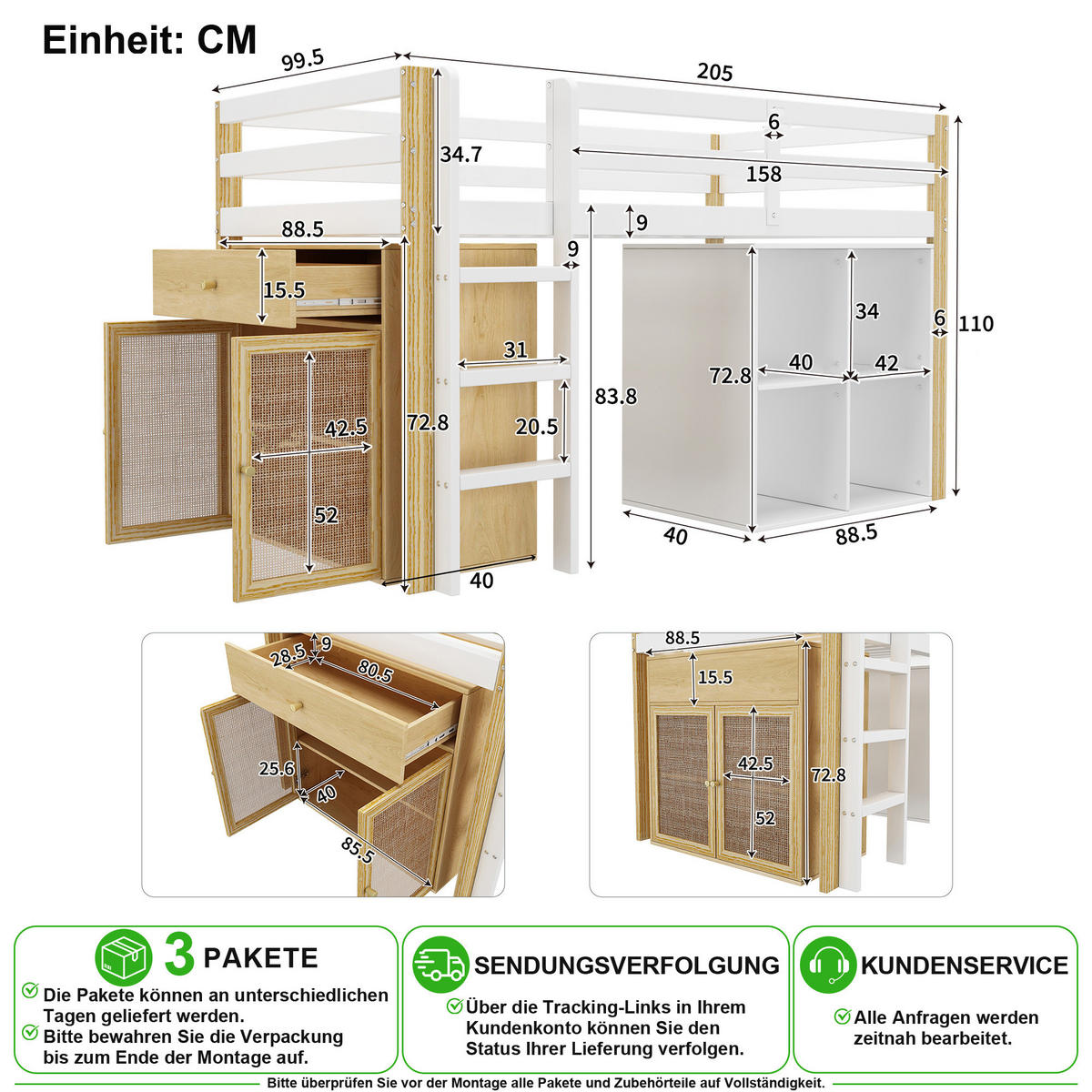 HOCHBETT 90/200 cm in Weiß & Natur mit 2 Schränken und Leiter - Naturfarben, Holz/Holzwerkstoff (90/200cm) - CHICFURN