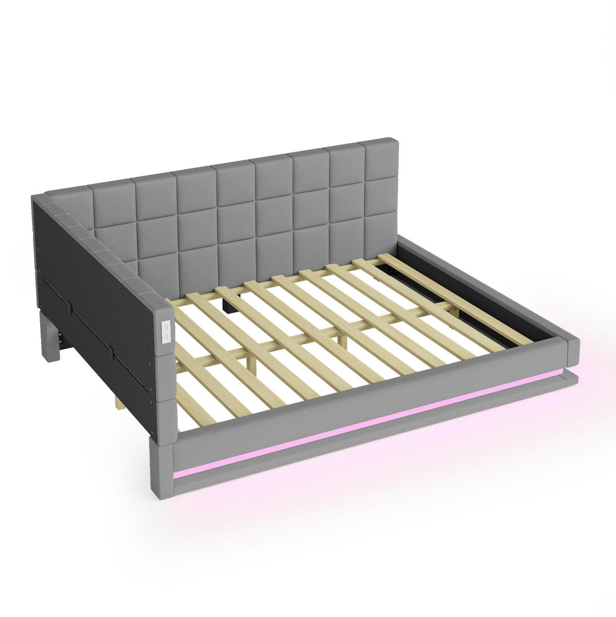 ROZKLÁDACÍ pohovka 160/200 cm šedá z lnu s LED osvětlením USB a roštem - šedá, textil (160/200cm) - OKWISH