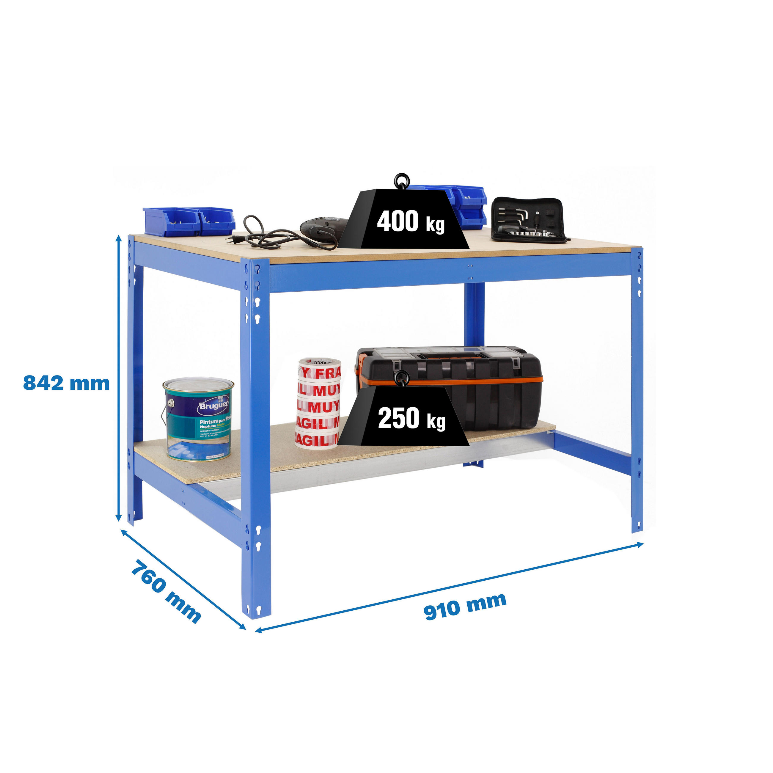 WERKBANK BUFFALO | HxBxT 84x90x76cm | Traglast 400kg | Blau - Blau, Holz (90/84/76cm) - PROREGAL