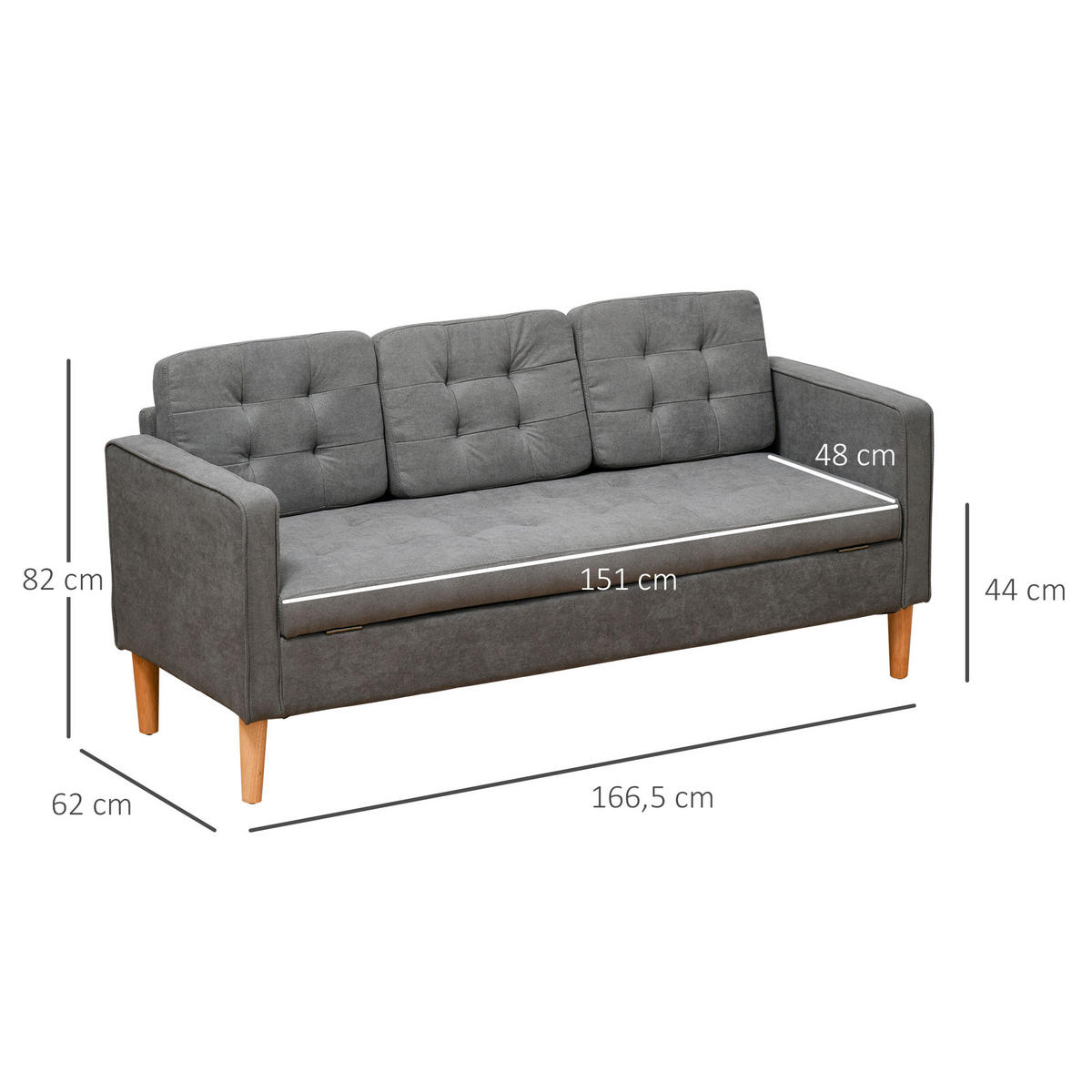 3-SITZER Sofa Stoffsofa Doppelsofa abnehmbar mit Kissen Gummiholz Baumwoll Grau - Naturfarben/Grau, Holz/Textil (62/82/166.5cm) - HOMCOM
