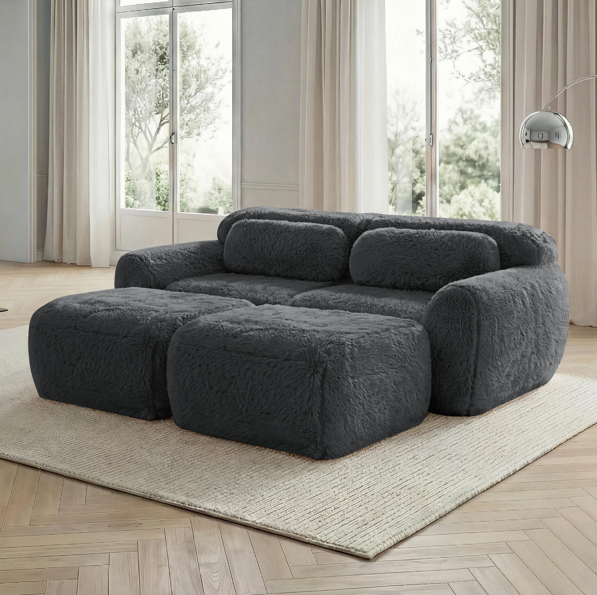SOFA 204/179/73 cm in Grau aus Plüsch, modular und montagefrei - Grau, Textil (179/73/204cm) - Flora Grace