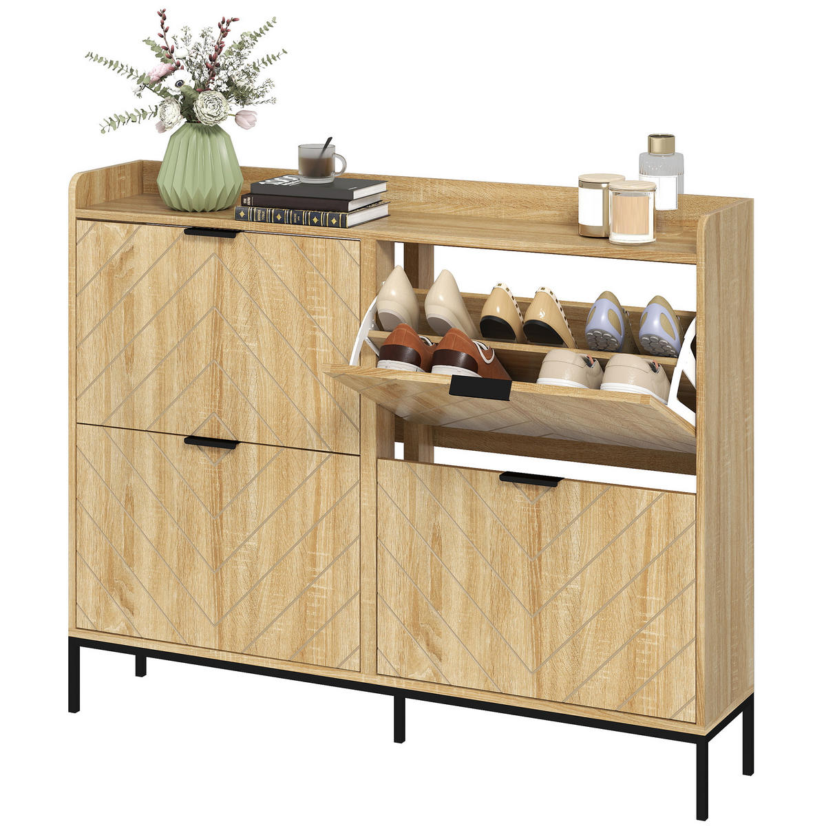 SCHUHSCHRANK Eichefarben Holzwerkstoff mit 4 Klappen platzsparend 1 Stück - Naturfarben, Holzwerkstoff (110/95.5/23.5cm) - PANGIVO