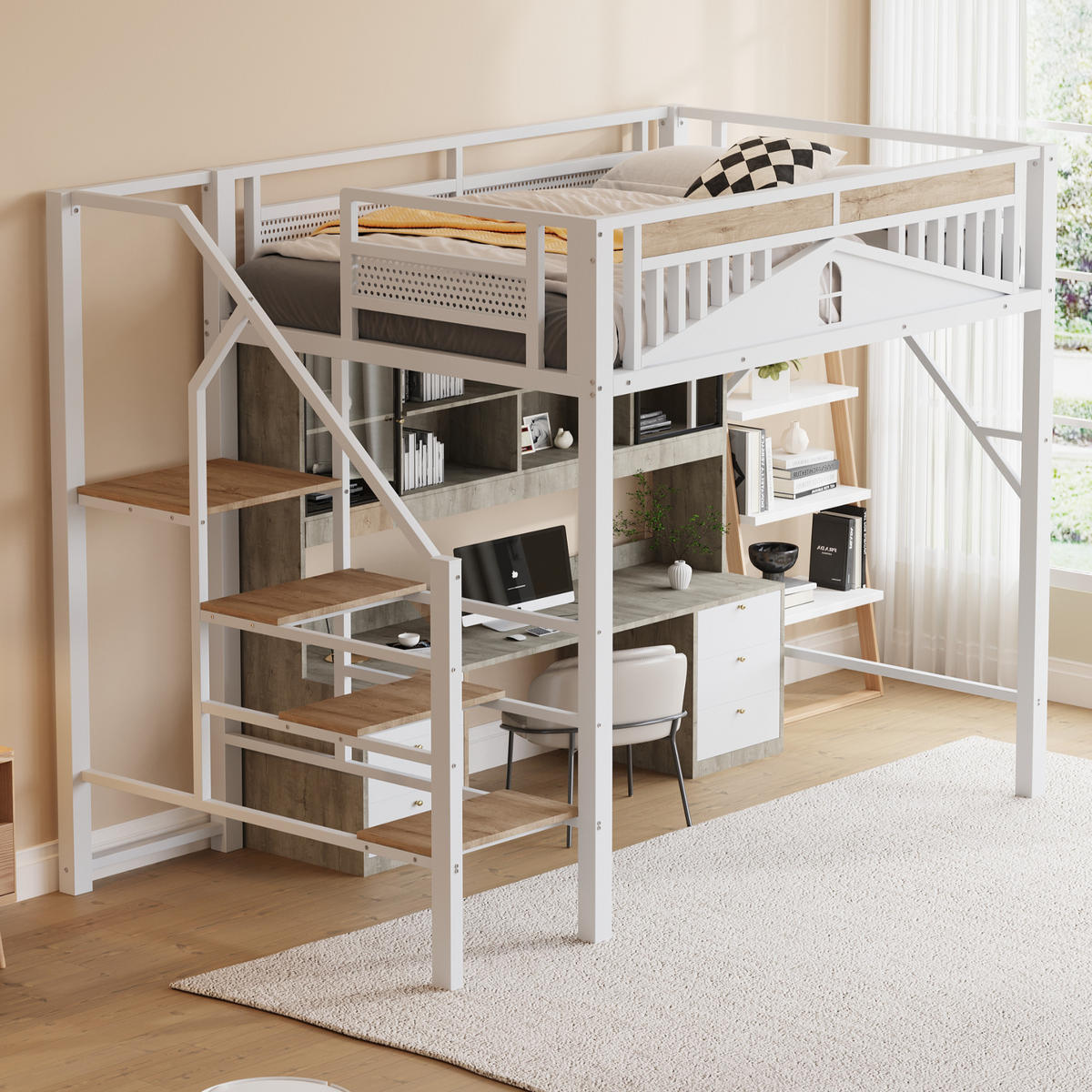 HOCHBETT 140/200 cm DE-01435, in Weiß, mit Sicherheitsumrandung und Leiter - Weiß, Metall (140/200cm) - ComfortXL