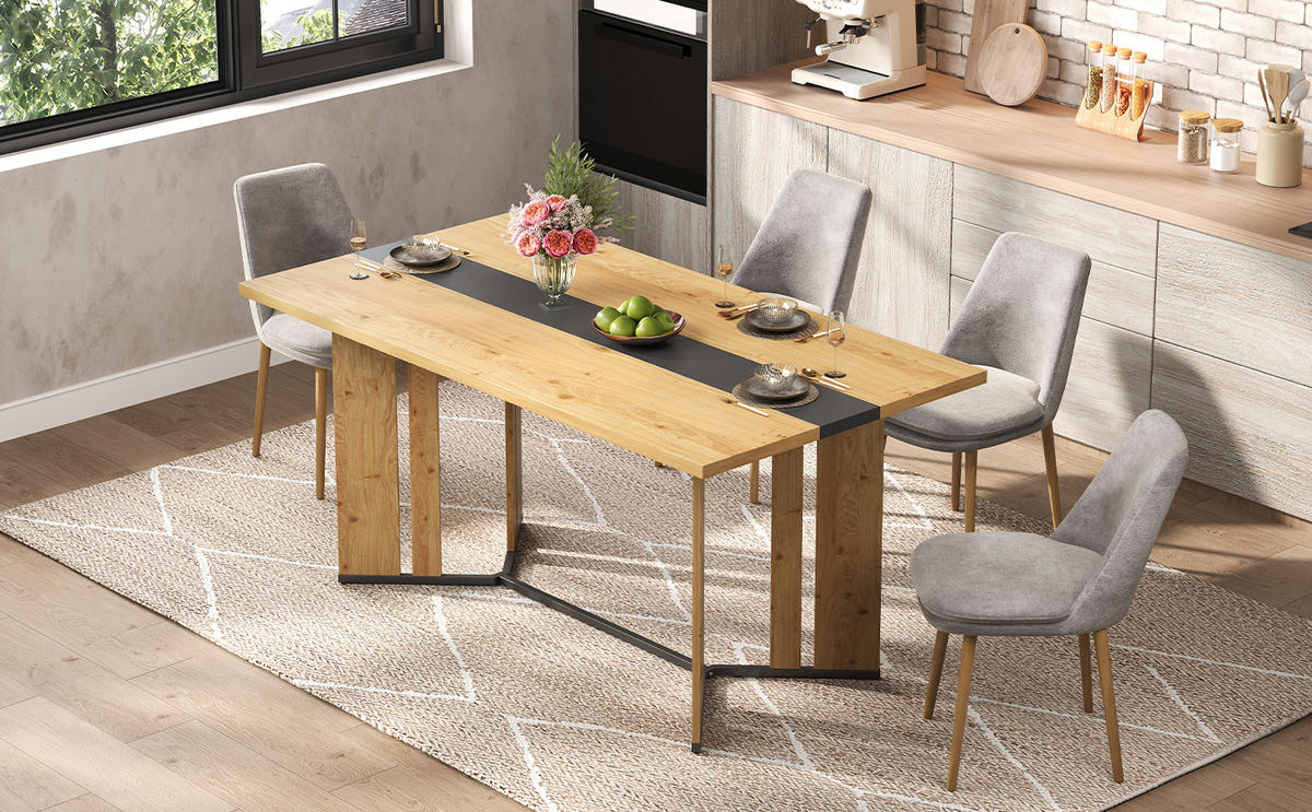 ESSTISCH 150x80x76 cm in skandinavischer Eiche aus MDF auf schwarzem Metallrahmen - Naturfarben, Holzwerkstoff (150/80/76cm) - Modfu