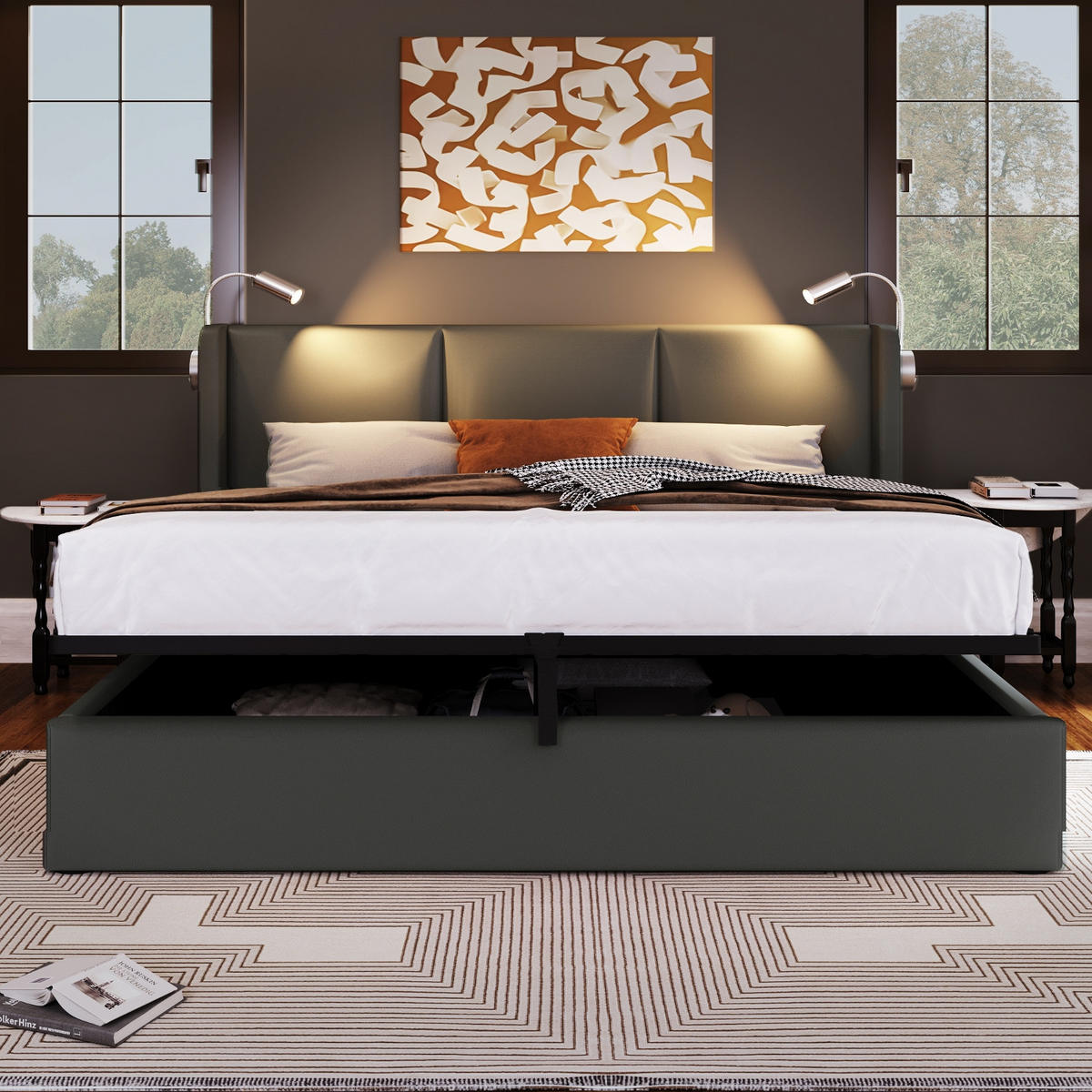 POLSTERBETT 180/200 cm Beige mit USB-Ladefunktion und Stauraum - Beige, Textil (180/200cm) - Oxeza