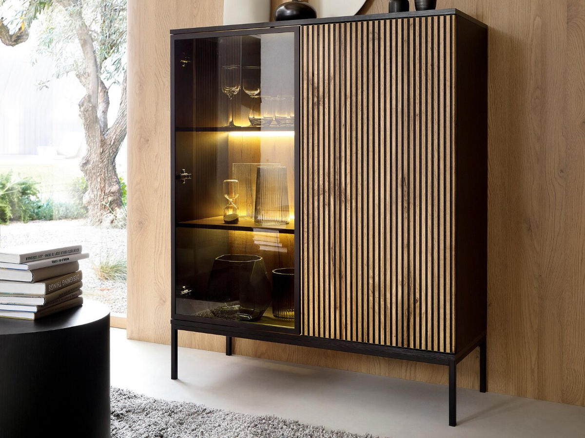 VITRINE Graphit, Wotan Eichefarben 104/126/39 cm Deo - Eiche Wotan/Schwarz, Naturmaterialien/Glas (104/126/39cm) - Graingold