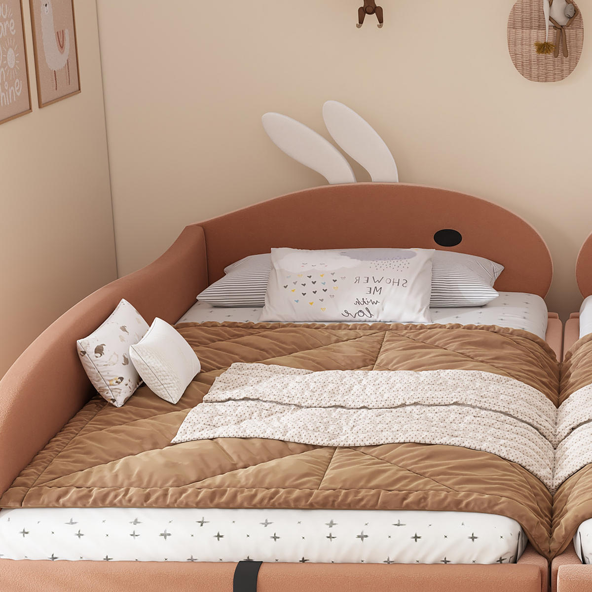 POLSTERBETT 90/200 cm Rosa+Weiß Niedliches Häschen-Kopfteil mit Stauraum aus Samt - Dunkelrosa, Textil (90/200cm) - OKWISH