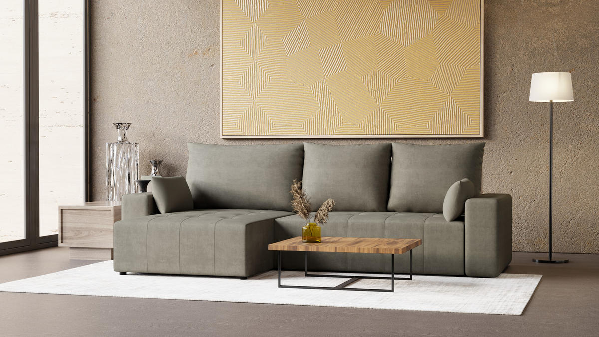 ECKSOFA Tico mit Bettkasten und Schlaffunktion, L-Form/XL-Form, Velourstoff, Universal - Hellgrau, Holzwerkstoff (276/145cm) - 4ALL HOME