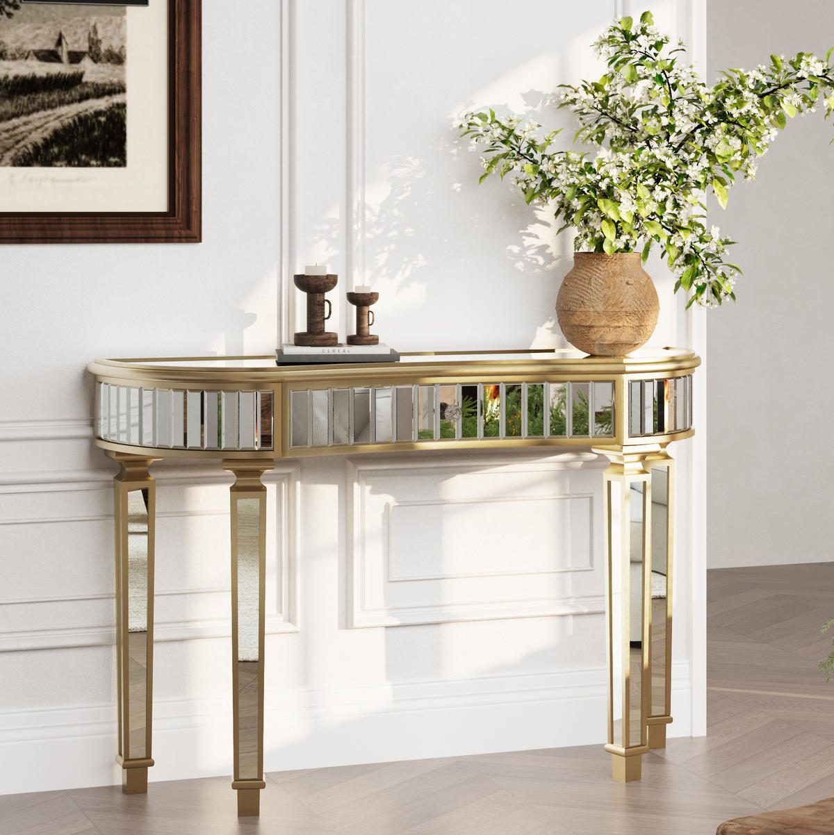 KONSOLENTISCH aus Glas und MDF 120x38x78 cm Gold/Silber mit Schublade und Spiegeldesign - Goldfarben, Holzwerkstoff (38/120/78cm) - Modfu