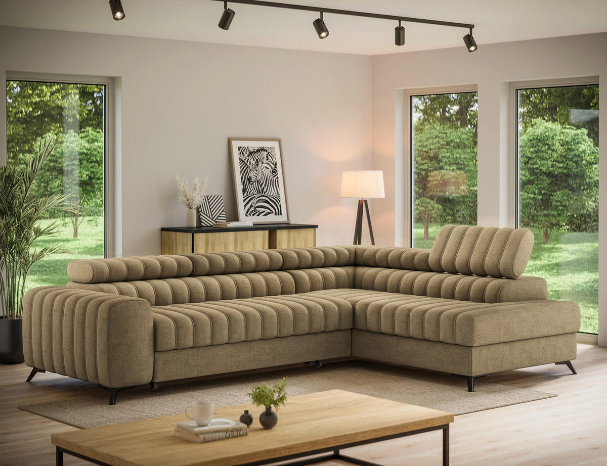 KANEDO Ecksofa mit Schlaffunktion und Bettkasten – Modernes Designsofa, verstellbare Kopfstützen, Metallfüße - Braun, Kunststoff (269/86cm) - Wohnideebilder