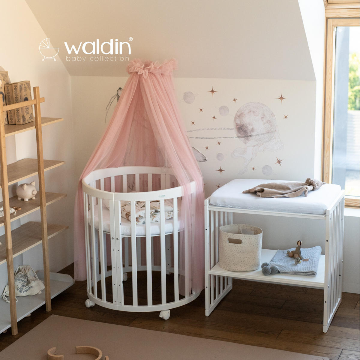 BABYBETT WHITE OVAL 7in1 mit Matratze und Himmelset - Weiß/Rosa, Holz/Textil