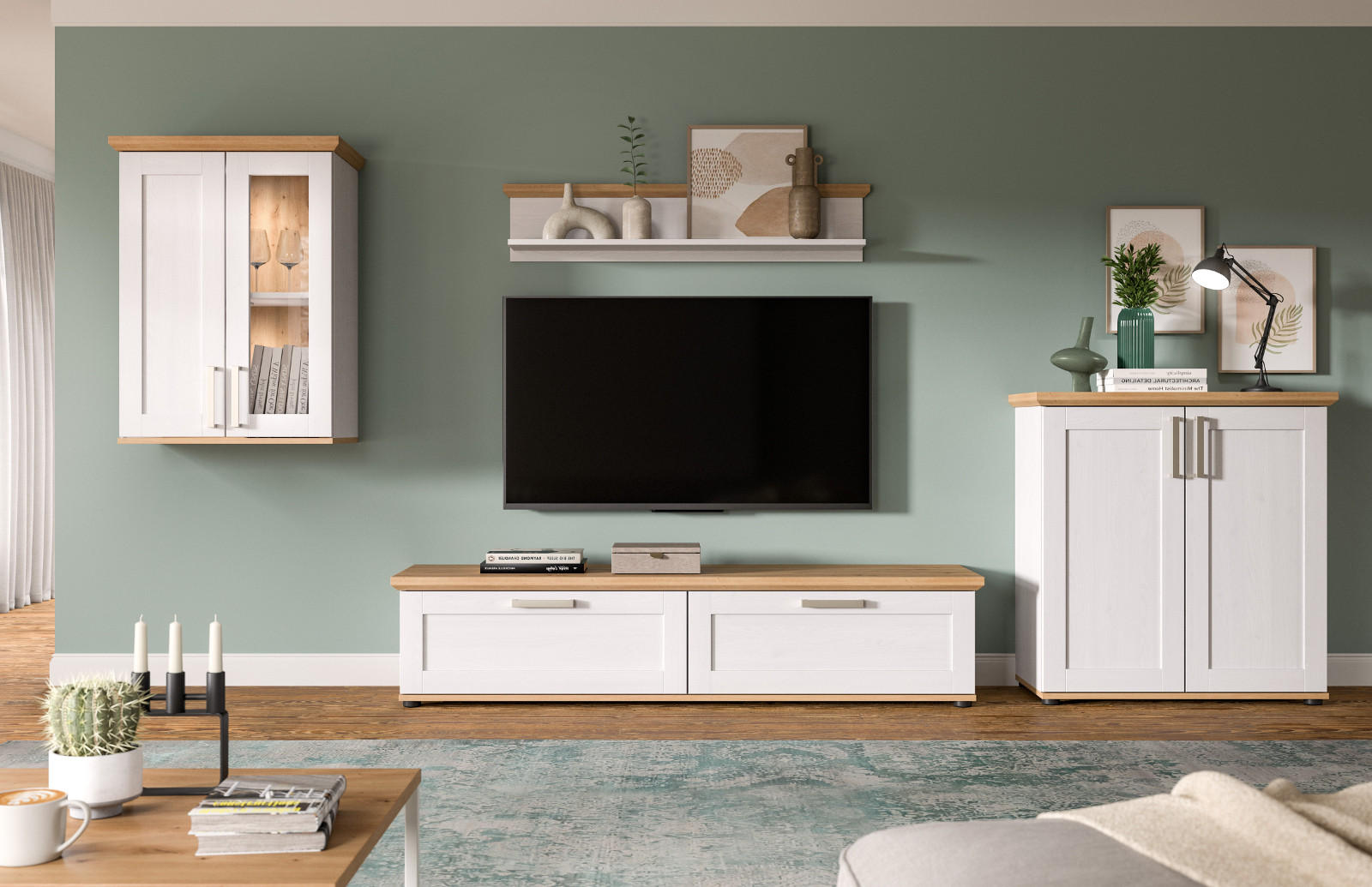 WOHNWAND 4-teilig weiß Lärche, Eiche Artisan 336 cm Landhaus, Schrankwand mit viel Stauraum - Silberfarben/Schwarz, Holzwerkstoff/Kunststoff (336/171/40cm) - Inn.Furn