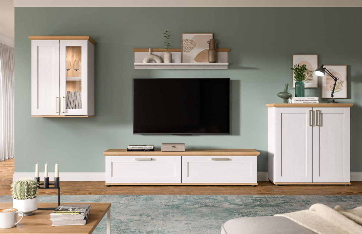 WOHNWAND 4-teilig weiß Lärche, Eiche Artisan 336 cm Landhaus, Schrankwand mit viel Stauraum - Silberfarben/Schwarz, Holzwerkstoff/Kunststoff (336/171/40cm) - Inn.Furn