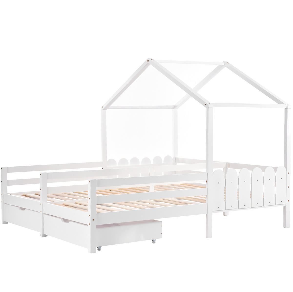 KINDERBETT Hausbett 2 x 200/90 cm mit 2 Schubladen, Schutzgitter gestell, Weiß - Weiß, Holzwerkstoff (90/200cm) - Redom