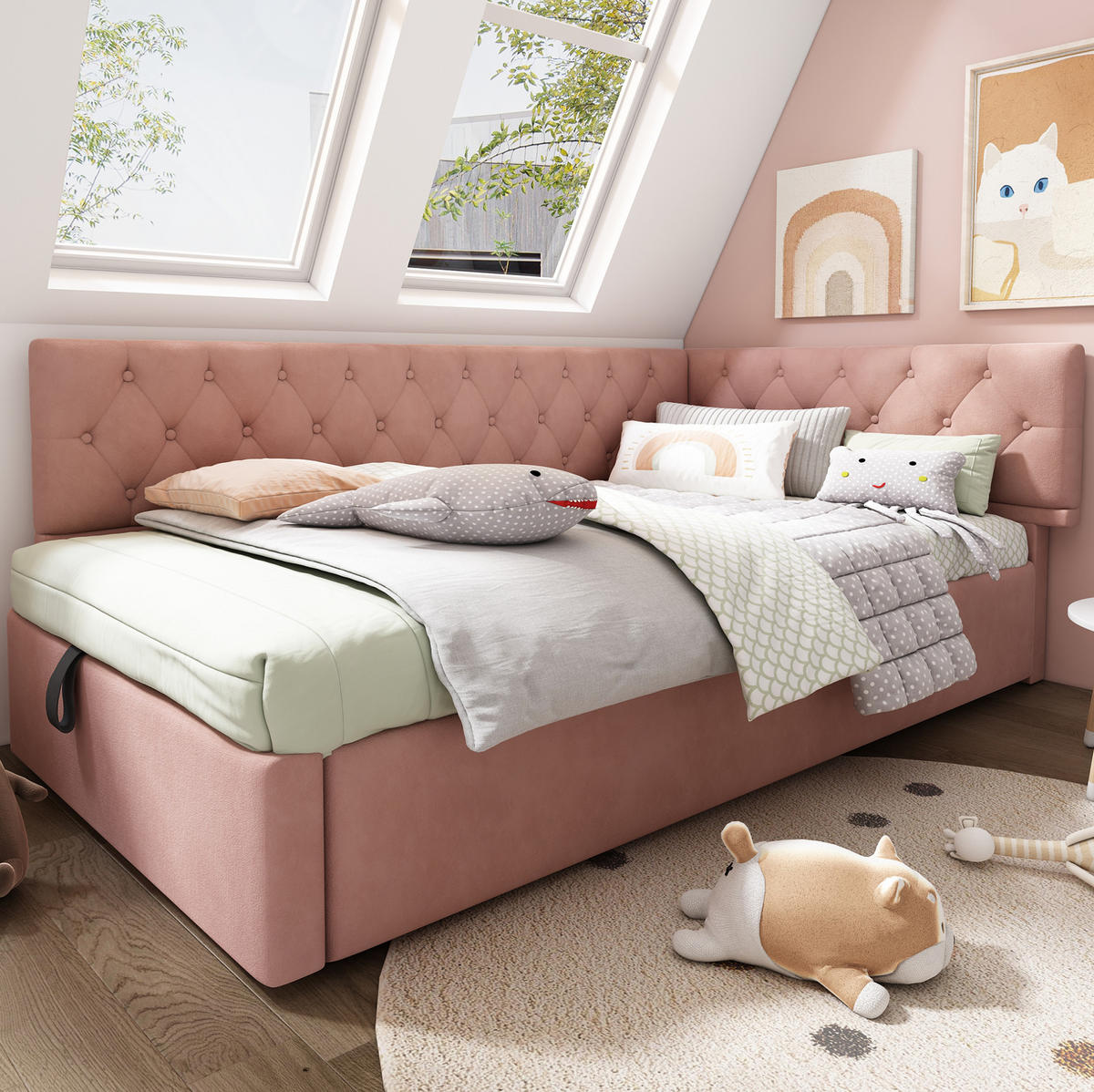 POLSTERBETT 90/200 cm Rosa aus Samt mit Stauraum - Pink, Textil (90/200cm) - OKMYHOME