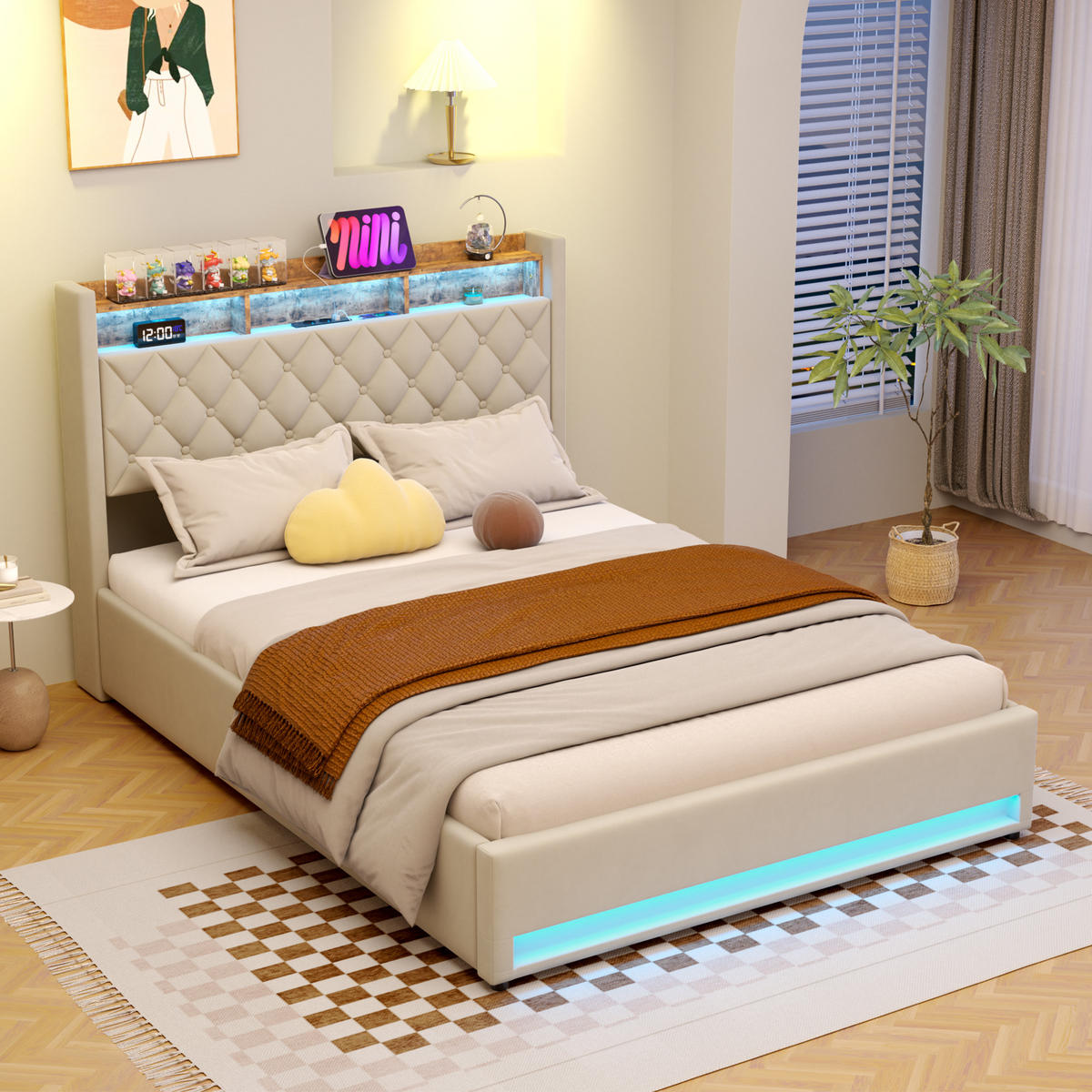 POLSTERBETT 160/200 cm Beige mit LED-Lichtleiste und USB-Anschlüssen - Beige, Holzwerkstoff (160/200cm) - OKWISH