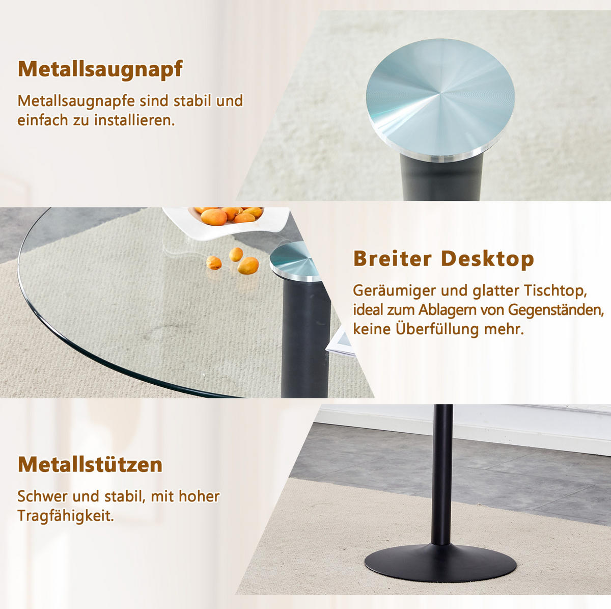 BISTROTISCH 85/76 cm aus Glas und Metall mit gehärteter Glasplatte und stabilem Gestell, Schwarz/Transparent - Schwarz, Holzwerkstoff (85/85/76cm) - Redom