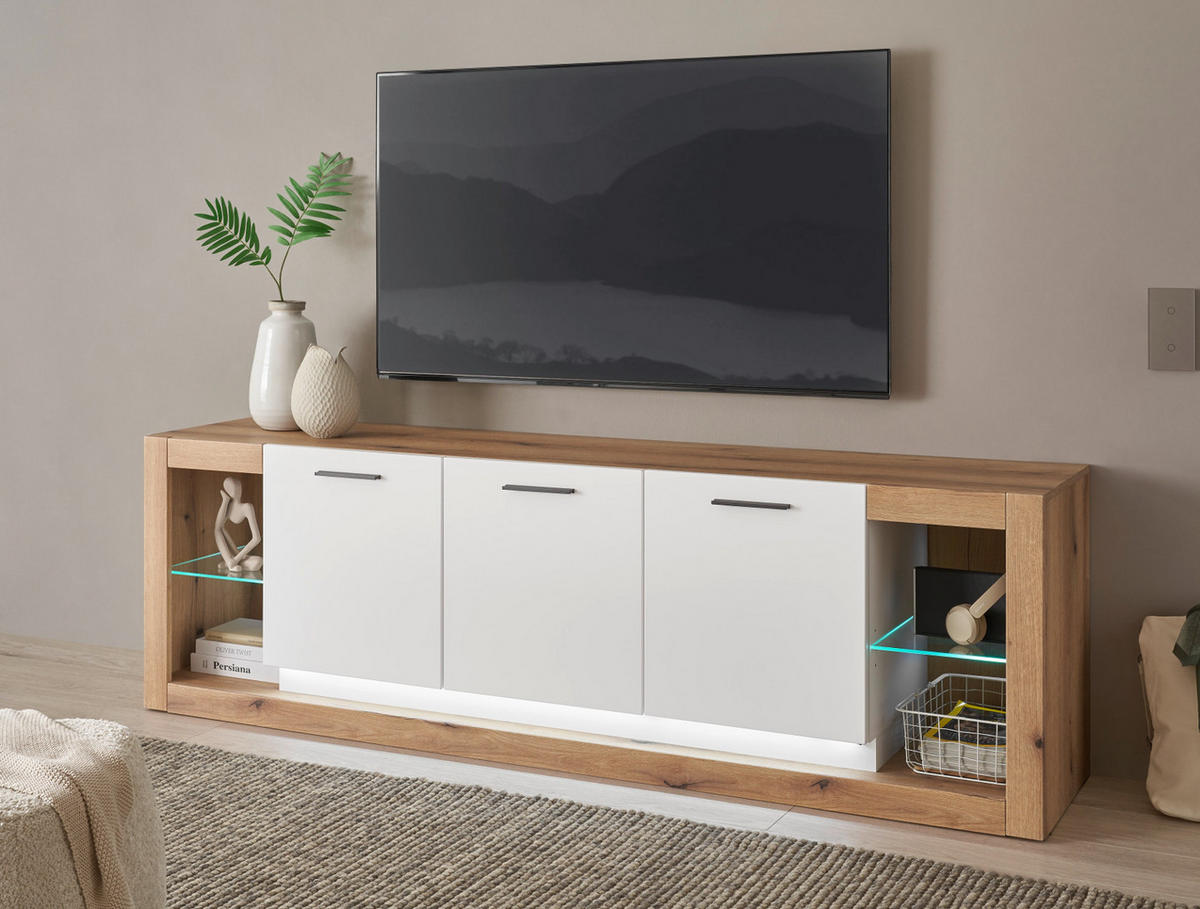 TV-LOWBOARD weiß matt, Evoke Eiche, TV Unterteil Komforthöhe XL-Board - Eichefarben/Silberfarben, Glas/Holzwerkstoff (198/61/43cm) - Furn.Design