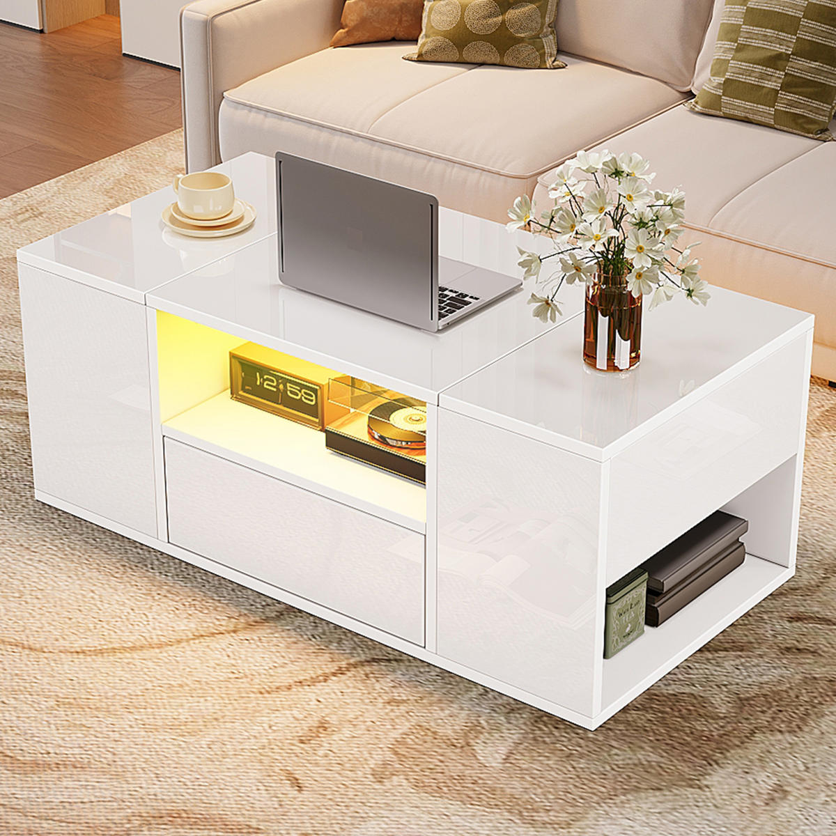 COUCHTISCH 100/50/40 cm mit Schublade, 2 Klappfächern und LED-Beleuchtung in Hochglanz, Weiß - Weiß, Holzwerkstoff (100/50/40cm) - Redom