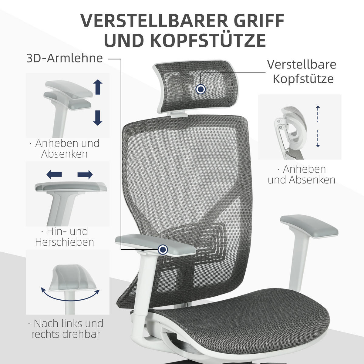 BÜROSTUHL, Armlehne, Mesh-Stoff - Grau, Kunststoff (65/128/67cm) - Vinsetto