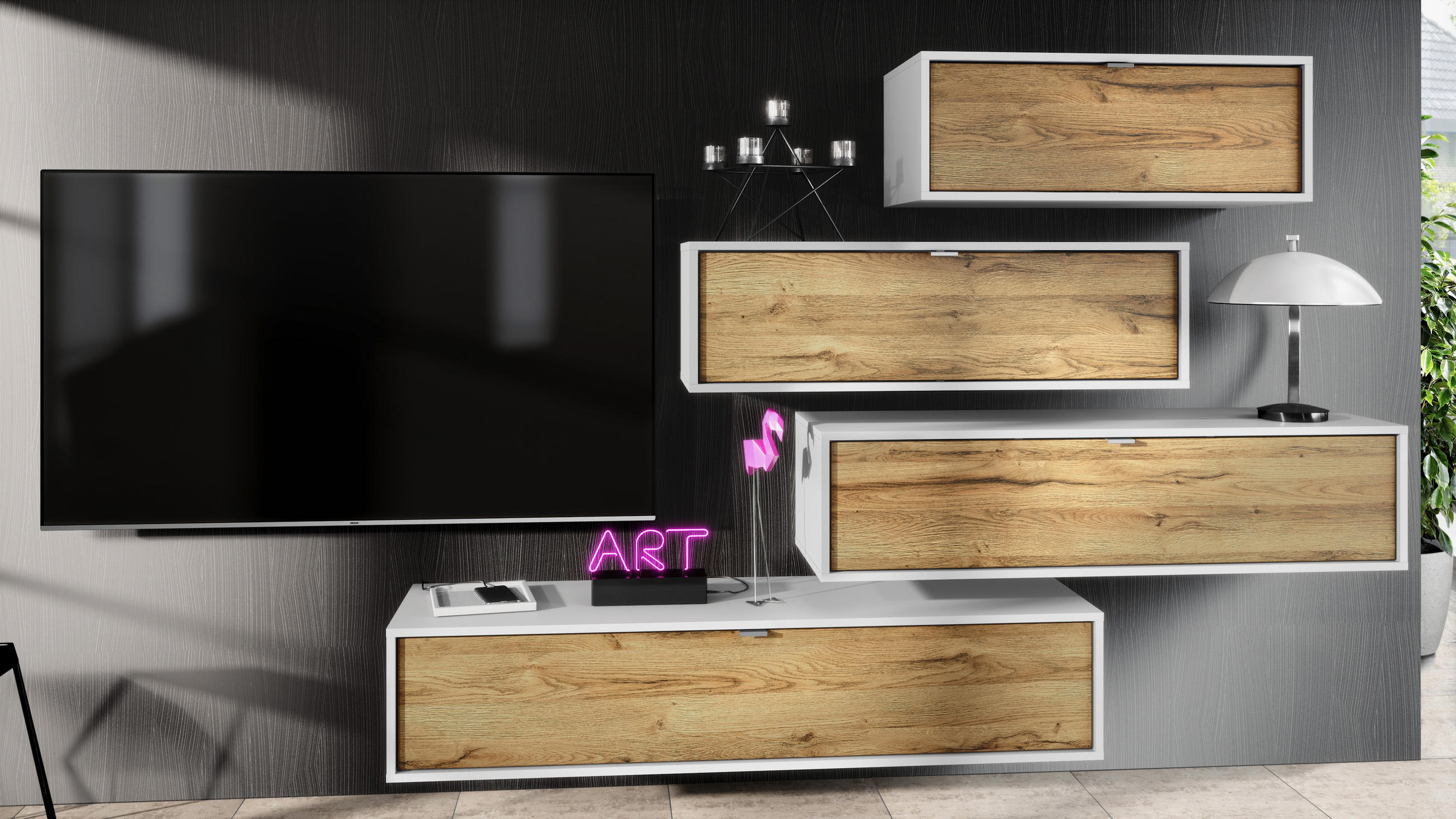 WOHNWAND Lana Fronten in Eiche Natur - Eichefarben, Holzwerkstoff (210/170/37cm) - Vladon