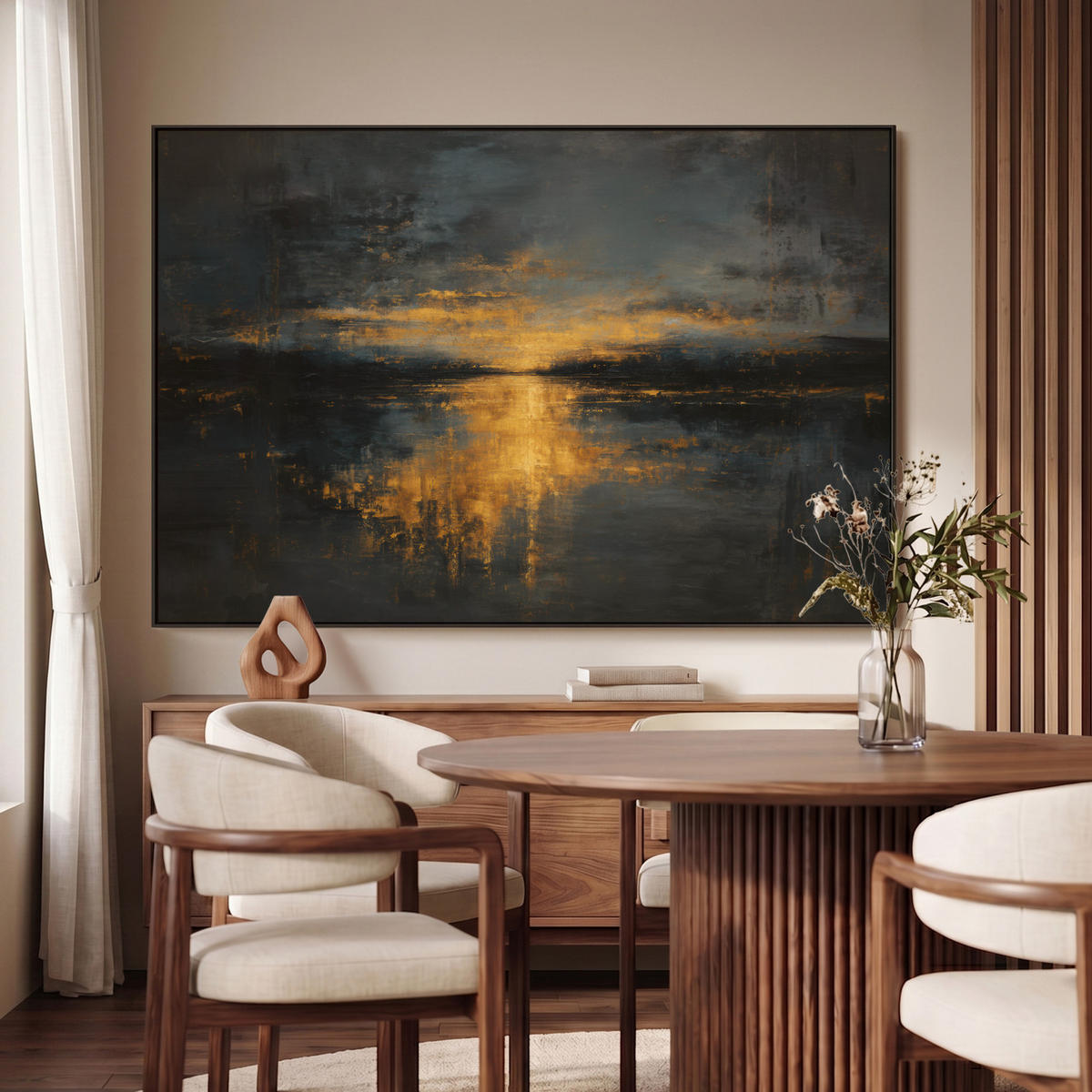 LEINWAND Bilder mit Rahmen - Goldene Reflexion auf dem Wasser - 150x100 - Anthrazit, Textil (150/100cm) - MuchoWow