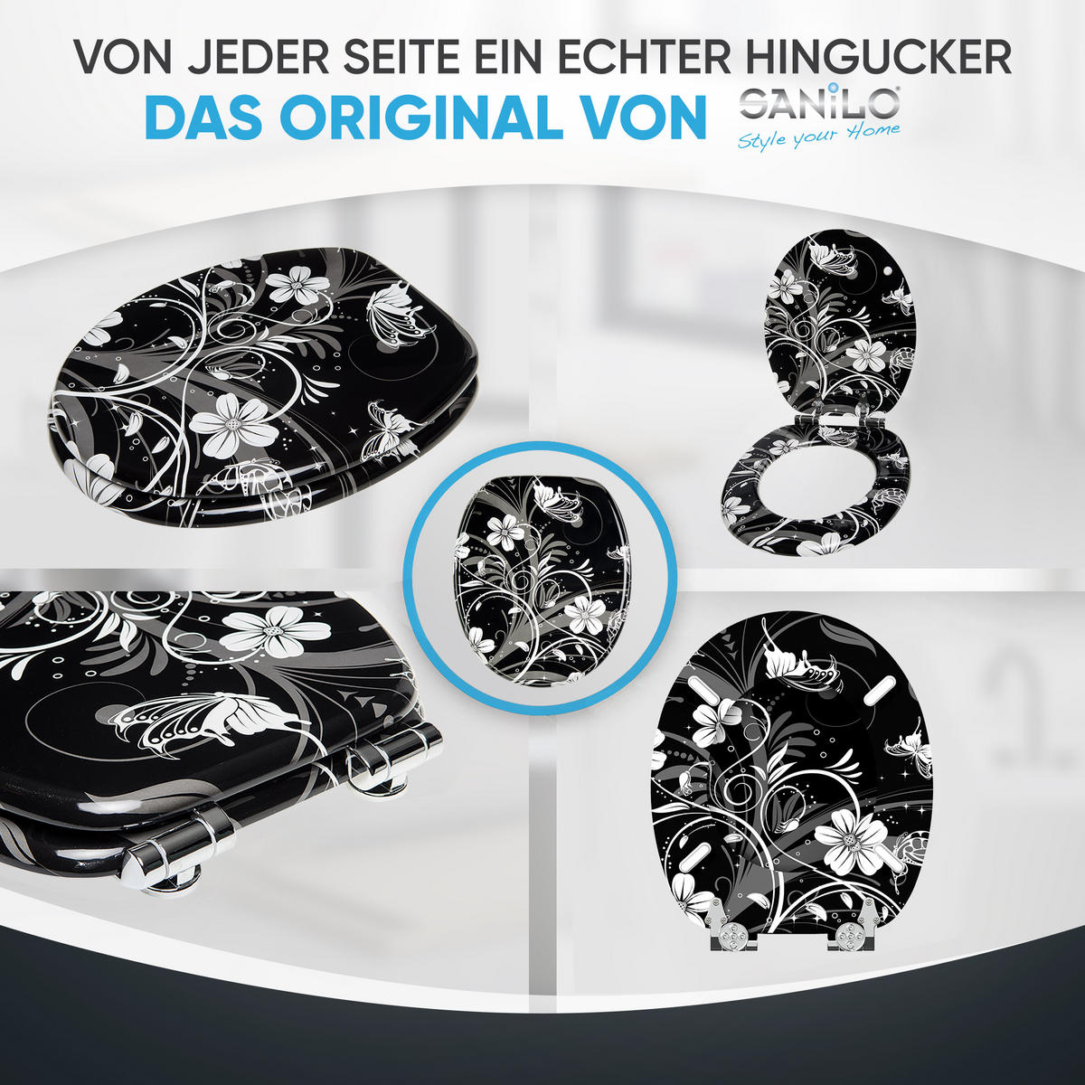 WC-SITZ mit Absenkautomatik White Flower - Schwarz, Holzwerkstoff (38/6/47cm) - Sanilo