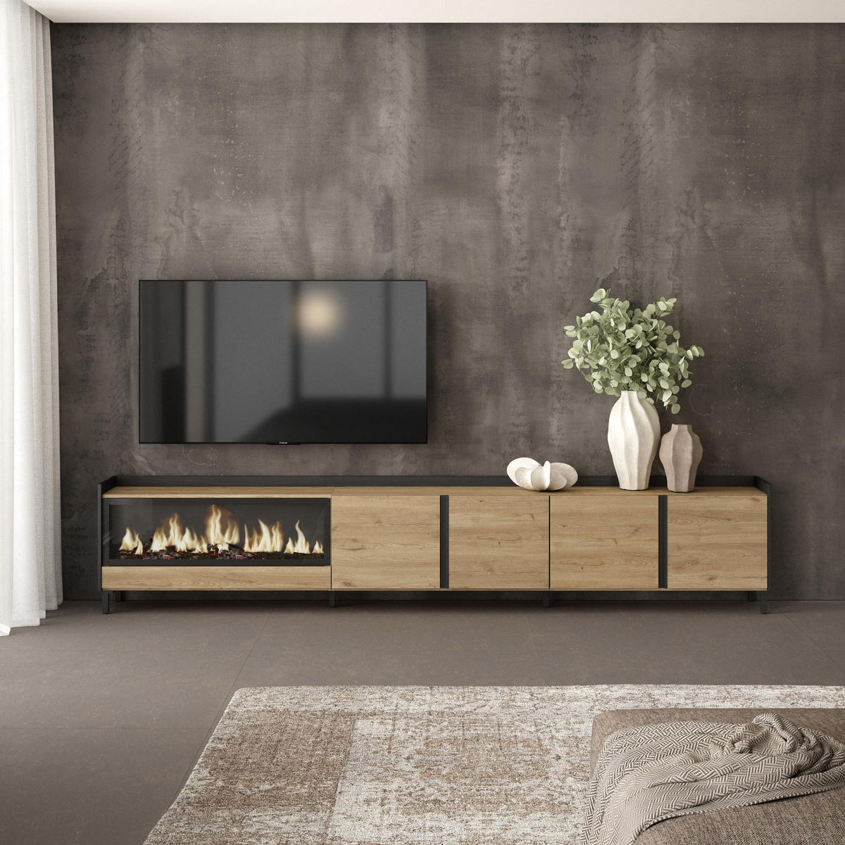 LOWBOARD, Eiche und Schwarz, 315/35/61cm, Kamin mit Feuereffekt XXL - Eichefarben, Holzwerkstoff (315/61/35cm) - Skraut Home