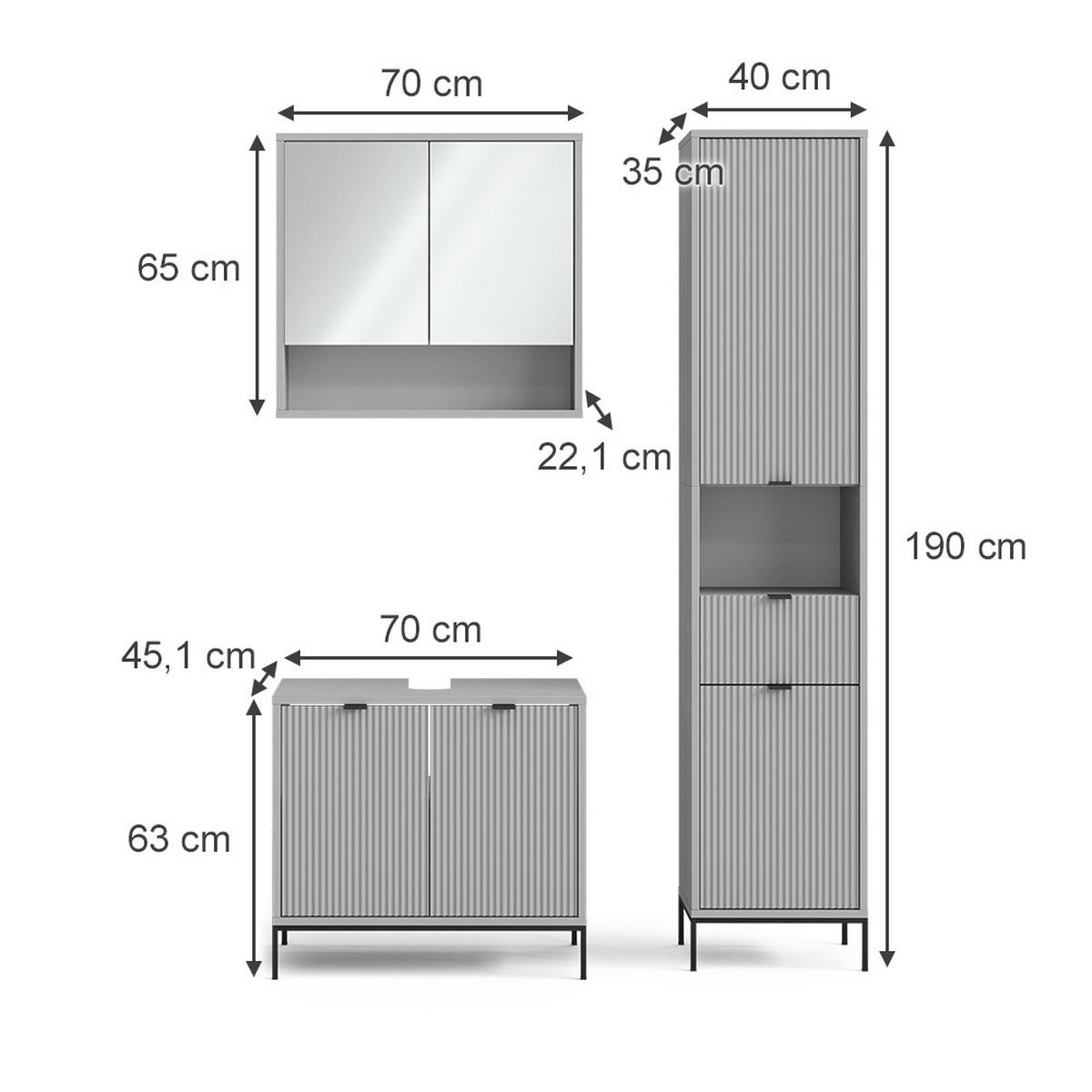 BADMÖBEL-SET Eliza Grau 3 Teile, mit Hochschrank - Grau, Holzwerkstoff (70/63/45cm) - Vicco
