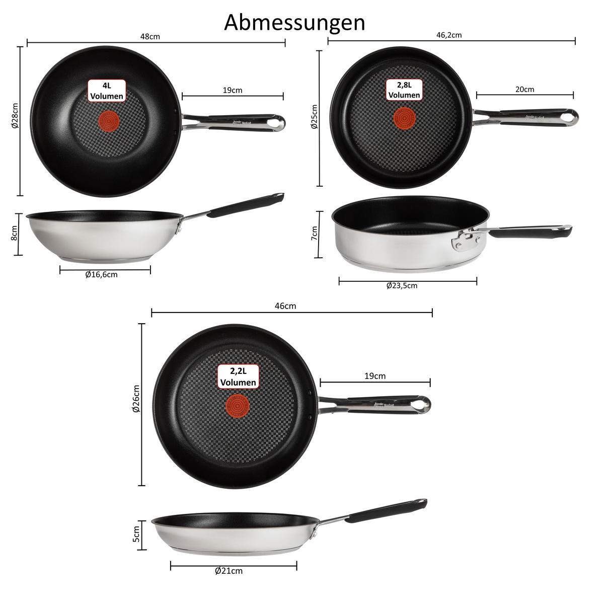 PFANNENSET Bratpfanne Edelstahl Antihaft Induktion J90934 26 cm Bratpfanne 25 cm Schmorpfanne mit Deckel 28 cm Wokpfanne ThermoSpot, Bratpfanne - Silberfarben, Keramik/Metall - Tefal